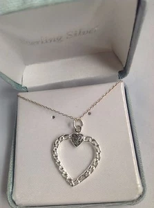 Sterling Silver Open Heart In A Heart Pendant Necklace With Link Design-NEW - Picture 1 of 4