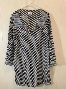Old Navy Tunic Women’s Large White Black Print Embroidered Pullover - Picture 1 of 8