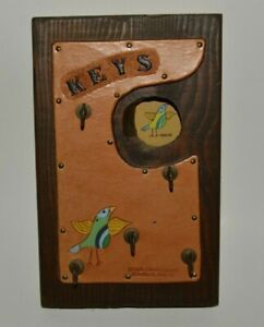 Vintage 1970s Handmade Leather & Wooden Key Holder Rack Hooks BIRD Motif Rare