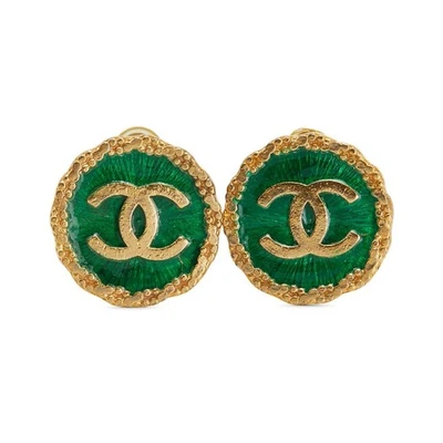 Pendientes de clip verdes redondos con logotipos Chanel CC tono dorado 96P auténticos #3859 Foto 1 de 3