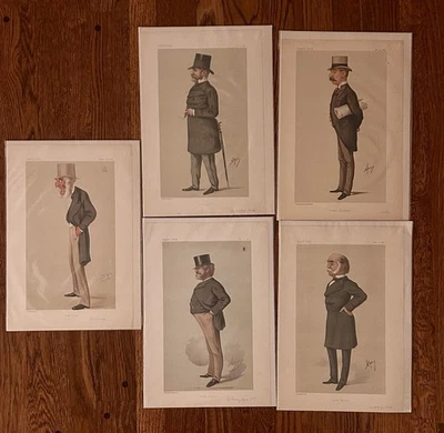 Лот (5) редких антикварных оригинальных винтажных литографских художественных гравюр 1875 Vanity Fair Ape Spy - Изображение 1 из 4