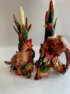 Vintage Fitz and Floyd Huntington Ceramic Pheasant Birds Candleholders Set of 2 - Picture 1 of 8
