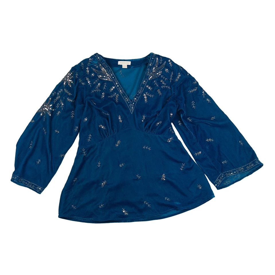 Monsoon Top UK 12 Teal Blue Velvet Sequin Embroidered Boho V-Neck Blouse - Image 1 of 4