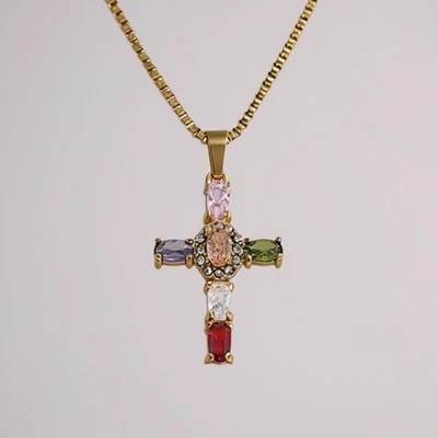Gemstone Cross Necklace Pendant Charm Gold CZ Boho Anthropologie Multicolor VTG - Image 1 of 4