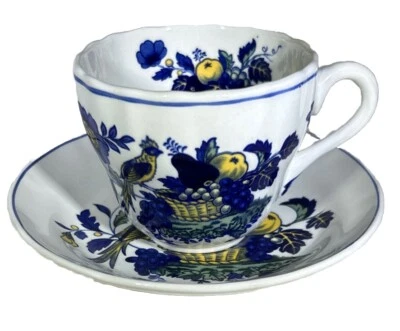 Vtg Spode Brafferton Cup Saucer Blue Bird Yellow Fruit Flowers Scallop England - Image 1 of 4