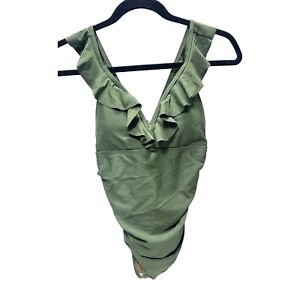 Brand New Girls 12t One Piece Green V-Neck Bathing Suit, Open Back Style