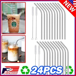 24pcs Stainless Steel Metal Reusable Cocktail Drinking Straws Cleaner Brush Set  - Picture 1 of 3