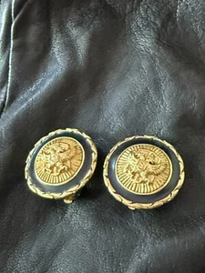St John Vintage Clip On Earrings Gold Tone Black Enamel W/Eagle Crest - Picture 1 of 7