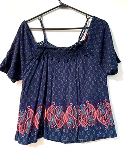 Blusa Rue 21 Top Mujer Talla XS Hombro Descubierto Manga Corta Azul Oscuro Encaje Algodón - Imagen 1 de 11