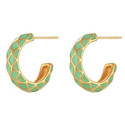Pendientes de aro enchapados en oro de 18 quilates de acero inoxidable con patrón geométrico verde como nuevo Foto 1 de 4
