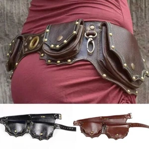 Medieval Steampunk PU Leather Belt Hip Bag Pocket Waist Bag Studded Brown Black - Picture 1 of 15