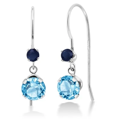 14K белое золото Швейцарский синий топаз и сапфир французская проволока подвеской крюк серьги - Изображение 1 из 2