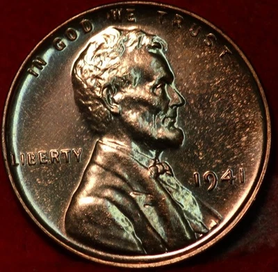 🇺🇸 Uncirculated Red Proof 1941 Philadelphia Mint Copper Lincoln Wheat Cent USA - Image 1 of 2