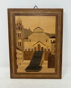 Vintage Italian Marquetry Inlaid Wooden Pictures Town Church (L10) Home Decors - Picture 1 of 6