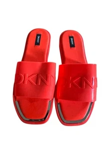 DKNY Slides Orange Logo Band Flip Flops Sandals Size 11 Silver Accent - Picture 1 of 9