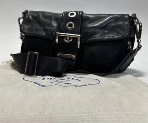 Prada Nylon Leather Shoulder Bag Belt Detail Black Triangle Logo Excellent - Picture 1 of 10