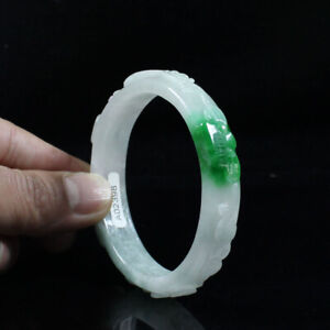 61mm Chinese fashion Hand-carved White Green Jadeite Jade Bracelet Bangle Z5252