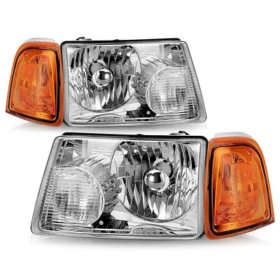 Chrome Housing Headlights For 2001 - 2011 Ford Ranger Amber Corner Signal Lamps - Image 1 of 4