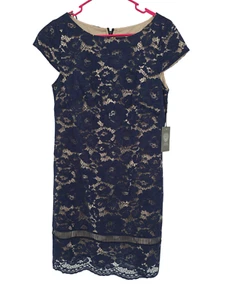 Adrianna Papell Size 10 Cap Sleeve Blue Lace Lined Short Sleeve Sheath NWT - Picture 1 of 6