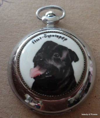 RELOJ BOLSILLO RUSO PERRO ESMALTADO PINTADO A MANO Pit Bull Terrier Foto 1 de 3