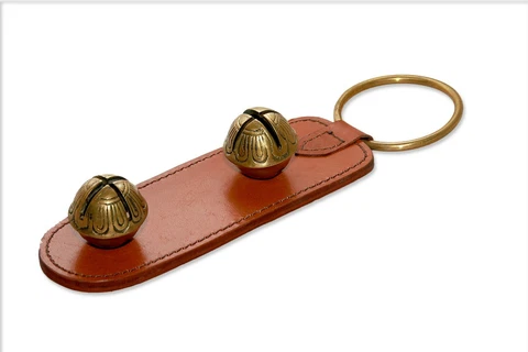 Brown Leather Strap door chime with 2 Solid Brass Sleigh Bells Cover