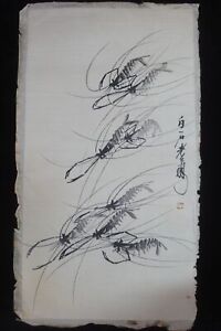 Fine Large Old Chinese Paper Hand Painting Vivid Shrimps "QiBaiShi" Mark