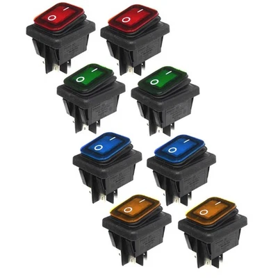 Set of 8 IP65 Control Rocker Switch 30x22mm 2 Pole ON/OFF 16A Red/Blue/Green/Yellow - Image 1 of 2