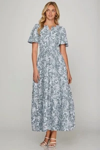 She + Sky Printed Notched Woven Tiered Pintuck Maxi Dress with Side Pockets - Picture 1 of 5