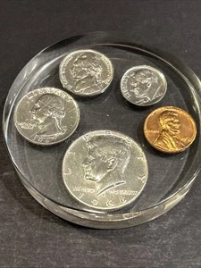Vintage US Coins In Lucite Acrylic 3”Cylinder Shape Paperweight 1960 1967 1968 - Picture 1 of 9
