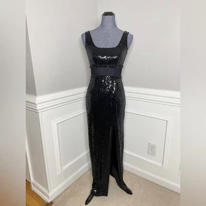 Lillie Rubin Vintage Black Sequin Gown With Mesh Waist Panel Cutout Size 4 - Picture 1 of 5