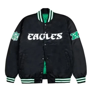 Philadelphia Eagles Green & White Rib Full-Snap Black Satin Bomber Men's Jacket - Picture 1 of 3