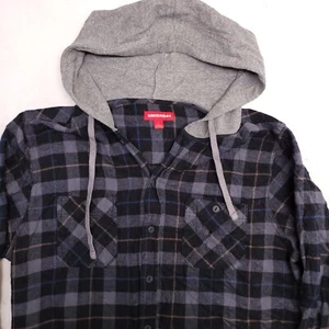 UnionBay Casual Button Up Long Sleeve Hoodie Mens Size Large L Black Gray Plaid - Picture 1 of 10