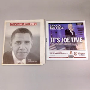 Barack Obama, Joe Biden, Harris, Lot 2 Newspapers - Chicago Suntimes 2008 & 2020 - Imagen 1 de 7