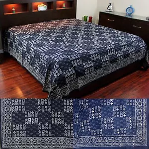 Vegetable Dye Block Print Cotton Tapestry Spread 110x110 inches King Blue Black - Picture 1 of 7