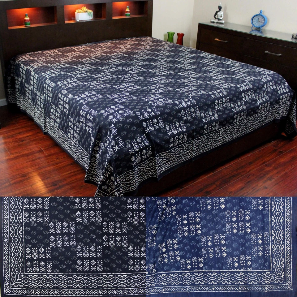 Vegetable Dye Block Print Cotton Tapestry Spread 110x110 inches King Blue Black - Image 1 of 1