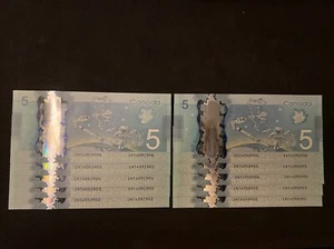 INT4092904 INT4098904 Radar 2013 5 X 2 Consecutive Canada 5 $ Bank Note UNC - Picture 1 of 2