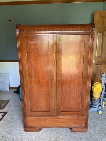 Vintage Wardrobe Armoire 1941 Cedar Lined Maple Finish w/ working lock & key Cover
