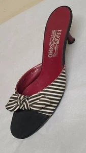 Salvatore Ferragamo black & white stripe sandals with bow & red heels, size 9 2A - Picture 1 of 8