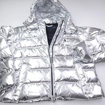 POLO RALPH LAUREN WOMENS JACKET PUFFER -XXL SILVER FOIL QUILTED HOODIE DOWN PONY - Image 1 of 4