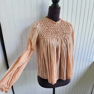 Zara Girls Long Sleeve Textured Top Babydoll Blouse Cream Blush Pink Sz 13-14 - Image 1 of 4