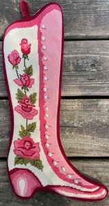 Vintage Victorian Needlepoint Shoe Boot Christmas Stocking W/Roses, Velvet Back - Picture 1 of 7