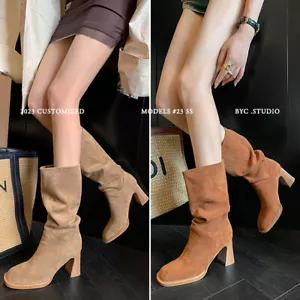 Womens Fashion Faux Suede Square Toe Block Heel Mid Calf Slouchy Boots Shoes - Picture 1 of 14