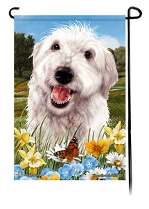 Summer Flowers Garden Flag - Shaggy White Labradoodle - Picture 1 of 1