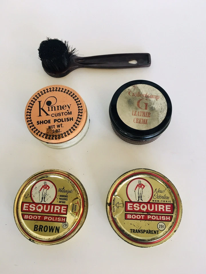 Latas de pulido de zapatos vintage y recipientes de vidrio y cepillo de pulido Dabbler EE. UU. Foto 1 de 2