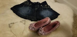 Justice Pleated Blue Jean Skort NWOT with Dress Shoes Heels and Cat Ear Headband - Picture 1 of 9