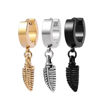 Pendientes Huggie de aro colgantes de plumas punk de acero inoxidable joyas hombres mujeres Foto 1 de 4