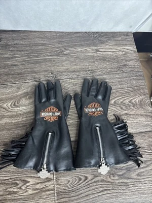 Vintage 1994 Harley Davidson  Leather Look Gloves With Fringe & Zipper Small Foto 1 de 4