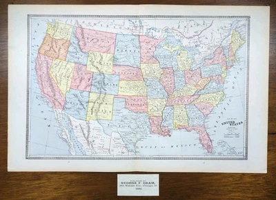 Vintage 1884 UNITED STATES of AMERICA Map 21"x13" ~ Old Antique Original USA DC - Image 1 of 4