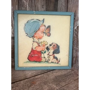 Vintage 60s Kitschy Pete Hawley Framed Boy in Bonnet Butterfly Puppy Plaque - Picture 1 of 4