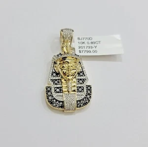 Real 10k Yellow Gold Pharoah Head Charm Pendant With black & White Diamonds Mens - Picture 1 of 8